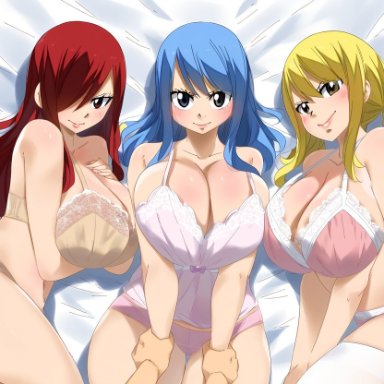 fairy tail, erza scarlet, juvia lockser, lucy heartfilia, 3girls, blonde hair, blue hair, gaston18 (style), huge breasts, lingerie, looking at viewer, on bed, red hair, smile, smiling at viewer