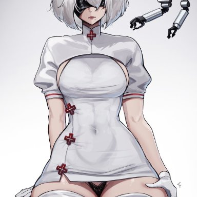 nier: automata, yorha 2b, aelion draws, 1girls, big breasts, breasts, female, female only, gloves, nurse, solo, thick thighs, wide hips