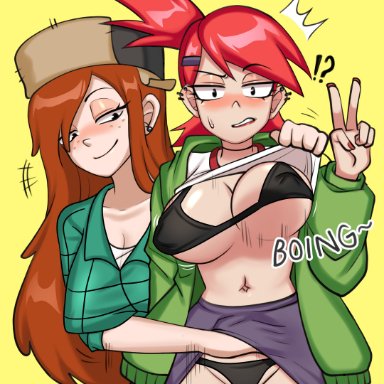 cartoon network, disney, disney channel, gravity falls, frankie foster, wendy corduroy, hanasakiyunarin, !?, 2girls, black bra, black panties, blush, bra, breasts, cleavage