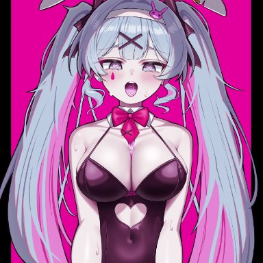 vocaloid, hatsune miku, hatsune miku (rabbit hole), rank alee, animal ears, black leotard, blue eyes, blue hair, breasts, clothing aside, clothing cutout, covered navel, fake animal ears, female, female pubic hair