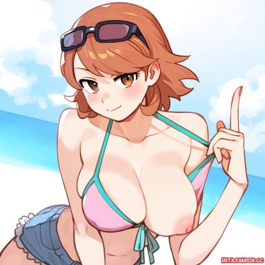 persona, persona 3, yukari takeba, beach, bikini, bikini top aside, bikini top only, breasts, brown eyes, brown hair, denim, denim shorts, eyewear on head, female, flashing