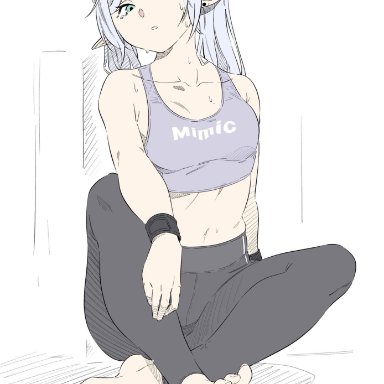 sousou no frieren, frieren, after workout, barefoot, belly button, elf, elf ears, elf female, feet, green eyes, leggings, long hair, looking at viewer, mangpoom, petite