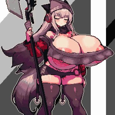 arknights, frostleaf (arknights), kyosuke fujiwara, milk engine, 1girls, alternate breast size, animal ear fluff, animal ears, areolae, axe, belly, bouncing breasts, breasts, breasts bigger than head, breasts out of clothes