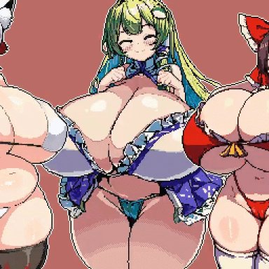 touhou, inubashiri momiji, reimu hakurei, sanae kochiya, kyosuke fujiwara, 3girls, alternate body type, bikini, blush, bouncing breasts, cameltoe, chubby, embarrassed, fat, gigantic breasts