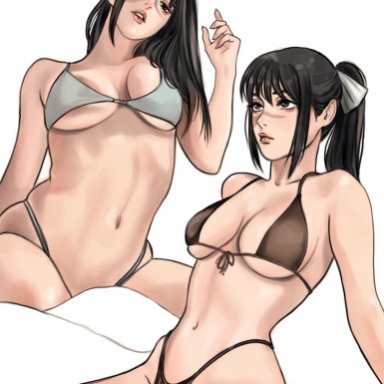 jujutsu kaisen, utahime iori, imeko san, belly button, big breasts, bikini, black hair, breast squeeze, face scar, hair ribbon, long hair, looking at viewer, scar, slim waist, tied hair