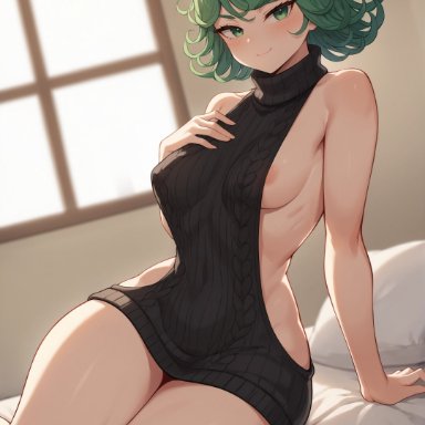 one-punch man, tatsumaki, stuffyai, 1girls, alternate breast size, breasts, female, green eyes, green hair, hips, light skin, light-skinned female, looking at viewer, medium breasts, naughty face