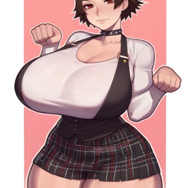 persona, persona 5, makoto niijima, lucyla, big breasts, choker, pose, red eyes, school uniform, thick thighs, ai generated