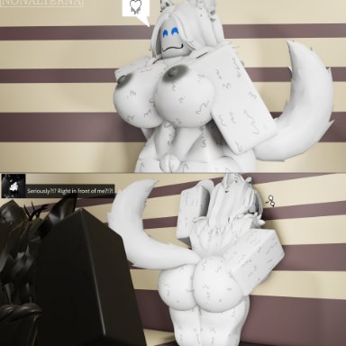 changed (video game), roblox, lin (changed), puro (changed), robloxian, tiddy kitty (changed), nonalterna, 1girls, admiring self, after transformation, anthro, bent over, big ass, big breasts, despair