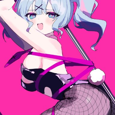 vocaloid, hatsune miku, hatsune miku (rabbit hole), 1girls, big ass, bondage, bunny ears, bunny girl, bunnysuit, horny, leotard, pink background, pole, pole between ass, pole dancing