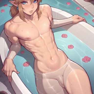 the legend of zelda, link, 1boy, bathing, femboy, feminine male, looking at viewer, male, male only, naked, solo, taking a bath, ai generated