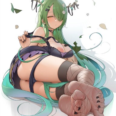 hololive, hololive english, hololive english -council-, hololive english -promise-, ceres fauna, greatodoggo, 1girls, ass, branch horns, breasts, feet, female, foot fetish, green hair, horns