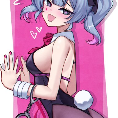 vocaloid, hatsune miku, hatsune miku (rabbit hole), nassss, 1girls, big ass, bondage, bunny ears, bunny girl, bunnysuit, drooling, handcuffs, horny, leotard, pink background