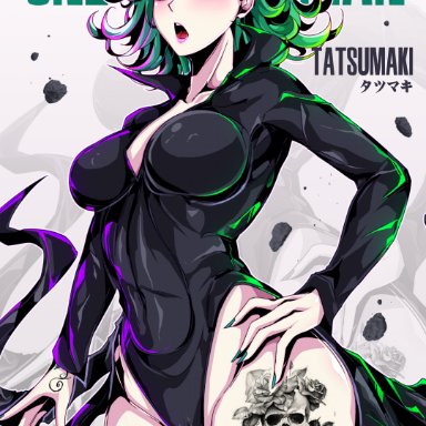 one-punch man, tatsumaki, defaultz, 2busty2hide, adapted costume, alternate breast size, black dress, breasts, cameltoe, cleft of venus, collarbone, collared dress, cowboy shot, curly hair, curvy