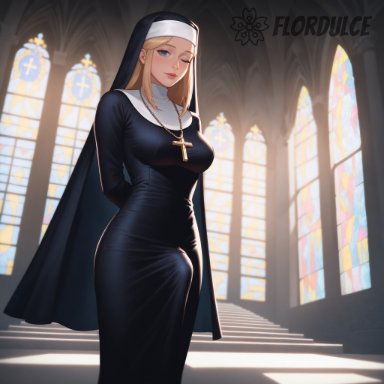flordulce, arms behind back, blonde hair, blue eyes, church, crucifix, erect penis, erection, erection under clothes, erection under clothing, futa only, futanari, indoors, nun, one eye closed