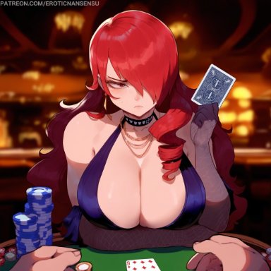 atlus, persona, persona 3, mitsuru kirijo, erotic nansensu, 1girls, big breasts, breast focus, casino, choker, cleavage, curvy, dress, drill hair, earrings