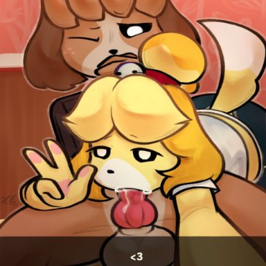 animal crossing, nintendo, snapchat, digby (animal crossing), isabelle (animal crossing), tofuuu, animal genitalia, animal penis, anthro, blonde hair, bodily fluids, brother (lore), brother and sister (lore), brown body, brown fur