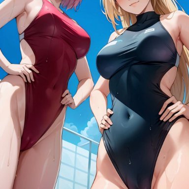 boruto: naruto next generations, naruto, naruto (series), ino yamanaka, sakura haruno, temptart, 2girls, bare shoulders, bare thighs, big breasts, blue eyes, breasts, cameltoe, cleavage, competition swimsuit