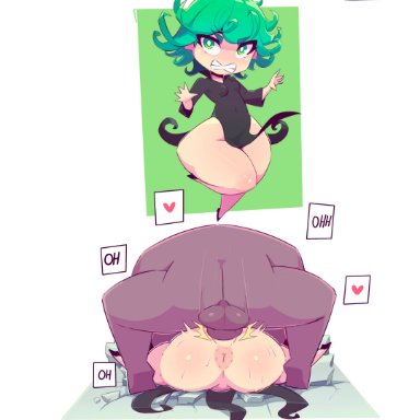 one-punch man, tatsumaki, pixzapix, 1boy, 1girls, angry face, anus, dark-skinned male, huge ass, mating press, small breasts, smaller female, thick thighs, wide hips