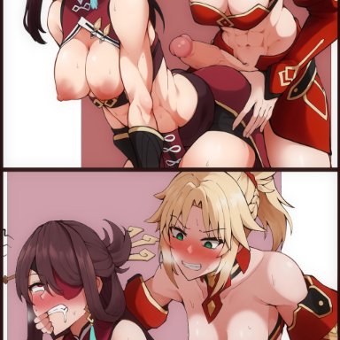 fate (series), fate/apocrypha, genshin impact, beidou (genshin impact), mordred (fate), mordred (fate/apocrypha), latbjorn ai, 2girls, abs, ahe gao, armor, blush, cocky, drool, exposed breasts