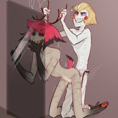 catholic, christianity, public domain, alastor (hazbin hotel), artist request, antler grab, dark skin, deity, demon, ears up, fucking, gay, gay anal, gay sex, serial killer