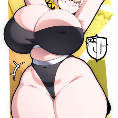 goddess of victory: nikke, elegg (nikke), igxxiii, :3, 1girls, arms behind back, bangs, bangs over eyes, barely clothed, big breasts, big thighs, black clothing, blonde hair, bra, breasts