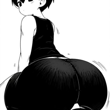 omori, anon, omori (character), 1boy, aged up, ahoge, big ass, black hair, black shorts, butt sniffing, button eyes, expressionless, face in ass, facesitting, feet