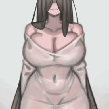 the ring, yamamura sadako, kelvin hiu, 1girls, arms behind back, bare shoulders, big breasts, black hair, busty, cleavage, clothing, curvy, dress, female, female only