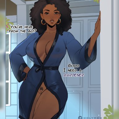 boni (holymeh), original character, holymeh, 1girls, bathrobe, blush, brown eyes, brown hair, curly hair, dark skin, dark-skinned female, earrings, exposed pussy, large breasts, leaning