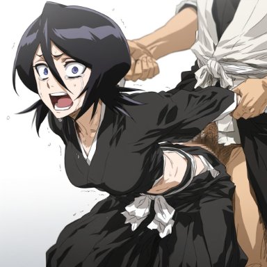 bleach, kuchiki rukia, cyber-wifu11, 1boy, 1girls, arms held back, bent over, black hair, blush, breasts, clothed sex, crying, crying with eyes open, doggy style, dubious consent
