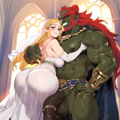 breath of the wild, nintendo, the legend of zelda, ganondorf, princess zelda, zelda (breath of the wild), lucyla, 1boy, 1girls, ass, bad end, beard, biceps, blonde hair, breasts