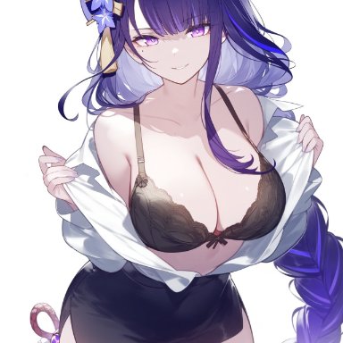 genshin impact, hoyoverse, raiden shogun, setsuaiart, setsumanga, ass, big breasts, bra, braided hair, breast press, breast squeeze, earrings, huge breasts, lingerie, long hair