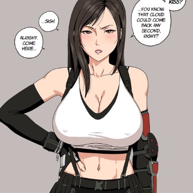 final fantasy vii, tifa lockhart, fellatrix, 1girls, big breasts, black hair, clothed, clothed female, crop top, erect nipples under clothes, facing viewer, female, grey background, hand on hip, light-skinned