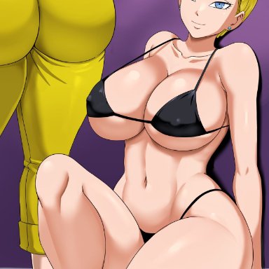 dragon ball, dragon ball super super hero, android 18, bulma briefs, pinkpawg, 2girls, ass, bikini, black bikini, blonde hair, breasts, bubble ass, bubble butt, cleavage, faceless