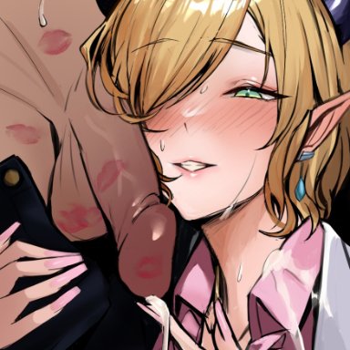 hololive, yuzuki choco, hoshara, 1boy, 1girls, blonde hair, blush, clothes pull, collared shirt, cum, cum on clothes, cum on hands, dark-skinned male, demon girl, demon horns