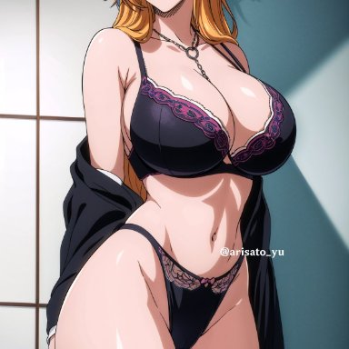 bleach, matsumoto rangiku, arisato yu, 1girls, black bra, black panties, black underwear, blue eyes, bra, breasts, cleavage, clothing, female, jewelry, large breasts