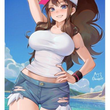 game freak, nintendo, pokemon, pokemon bw, hilda (pokemon), achromaru, 1girls, blue eyes, booty shorts, breasts, brown hair, female, hat, huge breasts, long hair