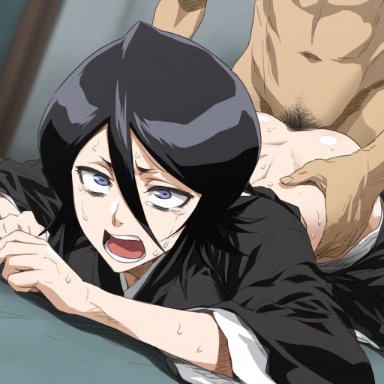 bleach, kuchiki rukia, cyber-wifu11, 1boy, 1girls, ass, bent over, black hair, blush, bottomless, breasts, crying, crying with eyes open, doggy style, dubious consent