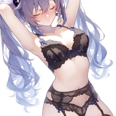 genshin impact, hoyoverse, keqing (genshin impact), setsuaiart, setsumanga, arms behind head, arms up, belly button, blush, bra, closed eyes, earrings, furry ears, grey hair, lingerie