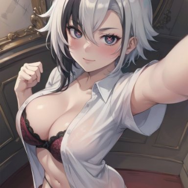 genshin impact, hoyoverse, arlecchino (genshin impact), setsuaiart, setsumanga, belly button, big breasts, black hair, blush, bra, embarrassed, embarrassed female, lingerie, lingerie only, open clothes