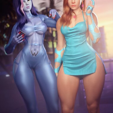 overwatch, overwatch 2, amelie lacroix, brigitte, brigitte lindholm, widowmaker, noahgraphicz, 2girls, abs, abs cutout, areolae visible through clothing, arm tattoo, asymmetrical hair, athletic, athletic female
