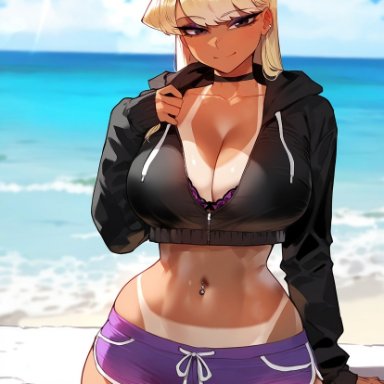 komi-san wa komyushou desu, komi shouko, floox, 1girls, bare legs, bare thighs, beach, big breasts, blonde hair, brown eyes, clothed, clothing, dark skin, dark-skinned female, female