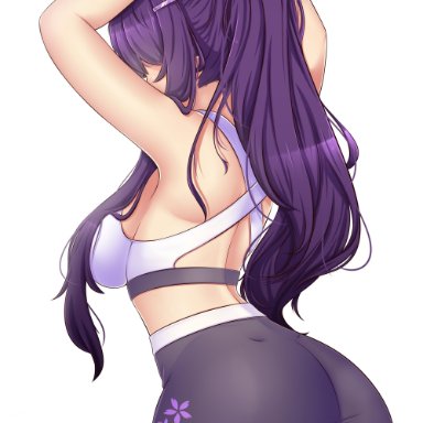 doki doki literature club, yuri (doki doki literature club), raionart, ass out, back view, big ass, big breasts, big butt, leggings, long hair, purple hair, side view, sideboob, slim waist, sports bra