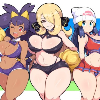 pokemon, pokemon bw, pokemon dppt, cynthia (pokemon), dawn (pokemon), iris (pokemon), 3girls, aged up, cheerleader, cheerleader outfit, cheerleader uniform, dark-skinned female, football field, huge breasts, large breasts