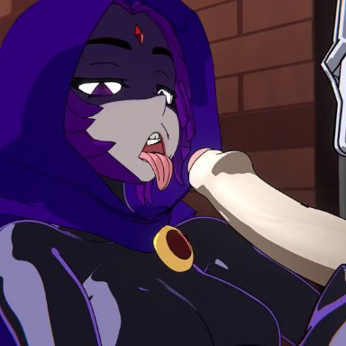 dc, dc comics, teen titans, raven (dc), erie51, alley, alleyway, armor, armored, blowjob, cloak, cock ring, cockring, dominant female, erection