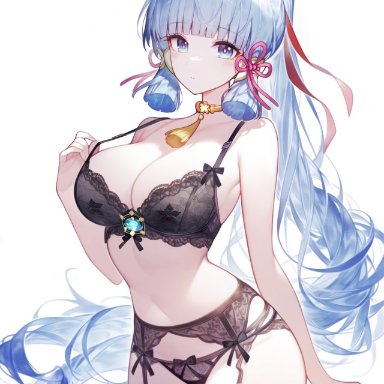 genshin impact, hoyoverse, kamisato ayaka, setsuaiart, 1girls, alternate hairstyle, belly button, blue eyes, blue hair, blunt bangs, blunt tresses, bra pull, closed mouth, female, full body