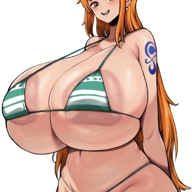 one piece, nami, nami (one piece), tiger drop, 1girls, bangs, belly, belly button, big breasts, bikini, bikini top, blush, breast focus, breasts, breasts bigger than head