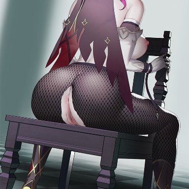 genshin impact, rosaria (genshin impact), rdy, 1girls, anus, blush, boots, breasts, chair, detached sleeves, female, fishnet legwear, fishnet stockings, fishnets, from behind