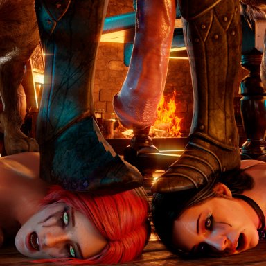 the witcher (series), the witcher 3: wild hunt, triss merigold, yennefer, blendguardian, 2boys, 2girls, ass, beastiality, before rape, before sex, black hair, breasts, collar, completely nude