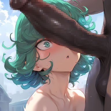 one-punch man, tatsumaki, 1girls, big penis, blush, brat, breasts, cute, dark skin, dark-skinned male, female, female focus, green eyes, green hair, imminent oral