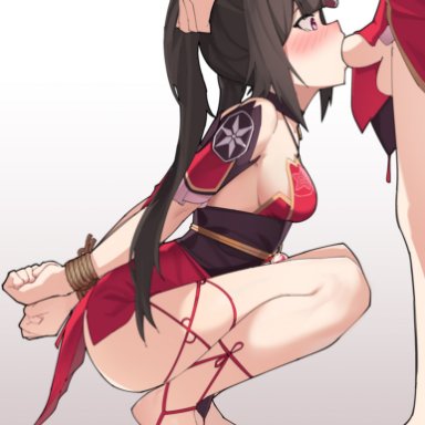 honkai (series), honkai: star rail, sparkle (honkai: star rail), hns, 1futa, 1girls, arms behind back, bare shoulders, black choker, black footwear, black hair, black sash, blush, bondage, bound